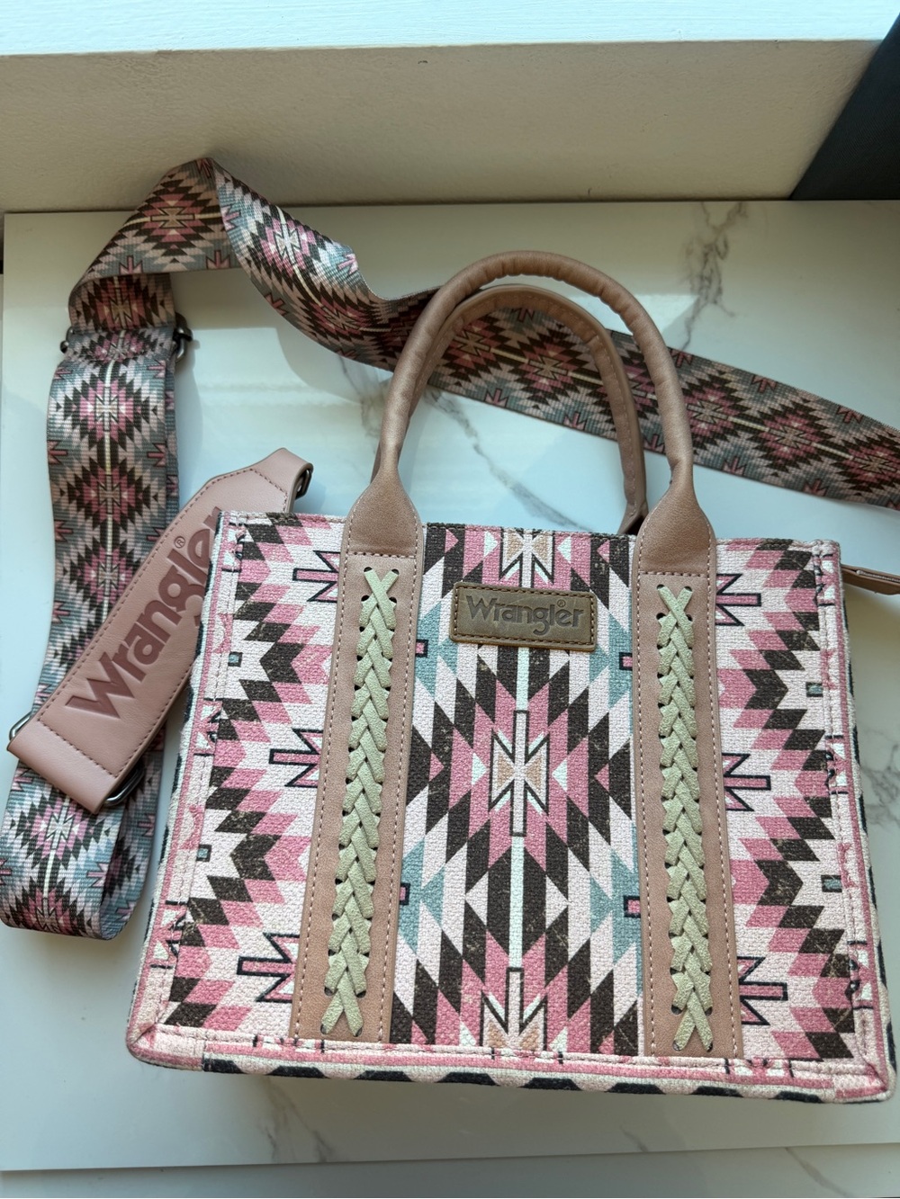 Wrangler Pink Aztec Tote with Braided Trim and Detachable Strap